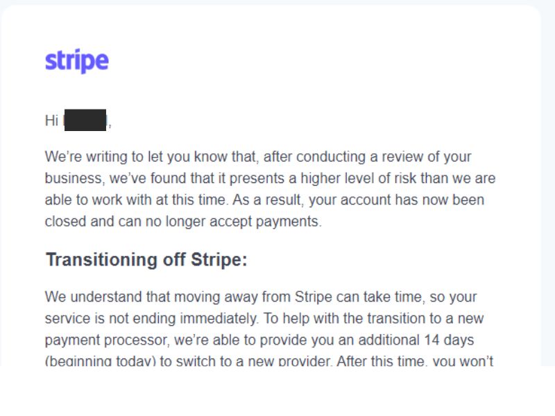 Sample Stripe Closure Email Notification